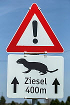 European souslik / Ziesel (Spermophilus citellus) road  traffic warning sign, Gerasdorf near Vienna, Austria.