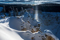 RF - Sun beam created by reflections from ice crystals in air at sun rise over Grand Canyon, Yelllowstone National Park, Wyoming, USA. January 2016. (This image may be licensed either as rights manage...
