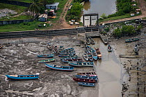 Fishing boats in the Hope canal, an irrigation canal in East Demerara Water Conservancy, coastal Guyana, South America