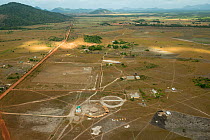 Aerial view of Bina Hill village, Rupununi savanna, Guyana South America