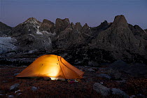 Campsite in Cirque Of Towers area, Popo Agie Wilderness, Wind River range, Shoshone National Forest, Wyoming, USA. September 2015.