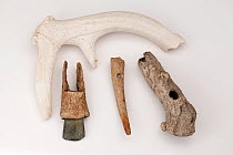 Four tools of the mesolithic / neolithic period  made from Red deer antlers. Dates range from approximately 5000 - 2000 BC. From left (and top) an antler mining pick retrieved from a British flint min...