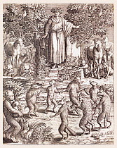 Illustration of Aesop and the animals of his stories engraved by Leonard Gaultier from  'Les images ou tableaux de platte peintre des deux Philostrates Sophistes Grecs' by Flavius Philostratus and Bla...