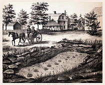 Lithograph of the Moody Footmark Quarry in South Hadley, where Pliny Moody discovered the very first fossil tracks in 1802.  From Hitchcock, Edward. Ichnology of New England. A Report on the Sandstone...
