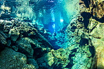Scuba divers run through Silfra Hall, a 200 meters up and down swim that leads to Silfra Cathedral, Thingvellir National Park, Iceland