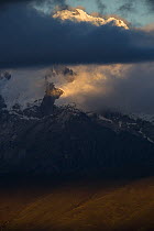 Cordillera Blanca Mountain Range at dusk, Huscaran National Park, Andes, Peru