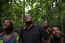 Mr Bokika with trackers in charge of Bonobo (Pan paniscus) habituation.  Mr Bokika is the leader of M'boumontour NGO, supporting the development and protection of the local bonobo population, Democrat...