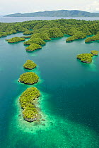 Aerial view of islands and peninsulas of Gam Island, projecting into Gam Bay.  Raja Ampat Islands, West Papua, Indonesia.