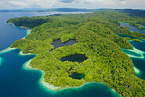 Aerial view of Gam Island, North West Peninsula with marine lakes visible. Raja Ampat Islands, West Papua, Indonesia.