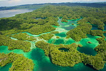 Aerial view of Hidden Bay in North West peninsula of Gam Island. Raja Ampat Islands, West Papua, Indonesia.