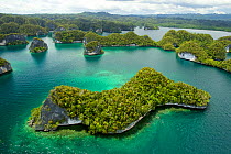 Aerial view of Limestone islands on the West side of Kabui Bay.  Waigeo Island at the top. Raja Ampat Islands, West Papua, Indonesia.