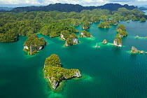 Limestone Islands in the Northern part of Kabui Bay.  Waigeo Island at the top, Raja Ampat Islands, West Papua, Indonesia.