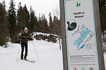 Sign with information about Western capercaillie (Tetrao urogallus) next to ski slope, Jura Mountains, France, March 2016.
