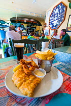 Plate of fish and chips in  restaurant, Dingle Village, Dingle Peninsula, County Kerry, Republic of Ireland. September 2015.
