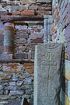 Carved stone in Kilmalkedar Monastery, Dingle Peninsula, County Kerry, Republic of Ireland. September.