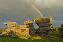 Rainbow over Brimham rocks in the Nidderdale area of North Yorkshire, England, UK. August 2015.