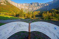 Information sign showing positions of the 16 waterfalls in Le Cirque du Fer a Cheval, Sixt-Fer-a-Cheval, Haute-Savoie, France October 2011.