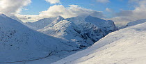 Panorama of Bidean nam Bian massif in full winter conditions. Glen Coe, Highlands of Scotland, UK, January 2016.