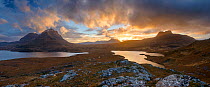 Sunset over Assynt and Loch Lon na Uamha. Assynt, Highlands of Scotland, UK, January 2016.