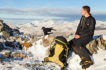 Hill walker eating lunch on summit cairn in Glen Coe with Raven nearby looking for food scraps. Scotland, UK. November 2015.