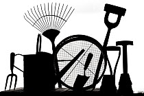 RF- Gardening tools silhouetted on white background. (This image may be licensed either as rights managed or royalty free.)