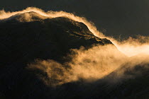 Backlit mist creeping over the mountain, Bhudhie Bheinn caught by the rising sun. Knoydart, Scotland, UK, June 2016.