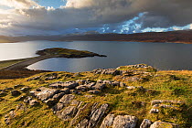 View of Ard Neakie and the tombolo connecting it to the mainland, Loch Erriboll, Sutherland, Scotland, UK, December 2014.