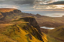 View to The Quiraing from the Trotternish Ridge at dawn, Isle of Skye, Inner Hebrides, Scotland, UK, April 2016.