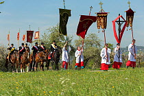Priests and horse riders in processtion at the Blutritt (the right of blood)  the largest European procession with about 3,000 riders, Weingarten, Baden-Wurtemberg, Germany. May 2016.