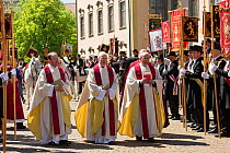 Priests at the Blutritt (the right of blood) the largest European procession with about 3 000 people riding horses, Weingarten, Baden-Wurtemberg, Germany. May 2016.