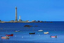 Lighthouse Phare de l'lle Vierge opposite the village of Lilia, tallest traditional lighthouse in the world, Plouguerneau, Finistere, Brittany, France, September 2015