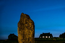 Megalithic standing stone at the Alignements de Lagatjar at night, Crozon, Camaret-sur-Mer, Finistere, Brittany, France, September 2015