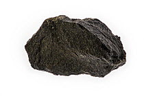 Basalt, extrusive igneous volcanic rock specimen on white background