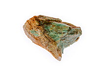 Amazonite / Amazon stone specimen, green variety of microcline feldspar on white background