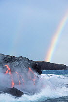 Hot lava from the 61G flow, emanating from Pu'u O'o on Kilauea Volcano, flows through lava tubes into the ocean in front of a double rainbow at the Kamokuna ocean entry in Hawaii Volcanoes National Pa...