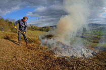 Volunteers burning scrub they've cleared from a grassland hillside to improve habitat for bees and other pollinators for Buglife / Avon Wildlife Trust's West of England B-Lines project, Bath and north...