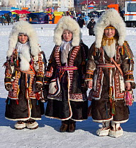 Nenets women competing in a traditional clothing competition during the reindeer herders' festival at Nadym. Yamal, Western Siberia, Russia