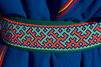 Close up of a Nenets man's belt with a traditional design made with beadwork. At the reindeer herders' festival at  Nadym. Yamal, Western Siberia, Russia