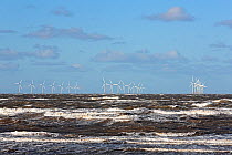 Burbo Bank windfarm  in Liverpool Bay viewed from New Brighton shore, Merseyside, UK, January.