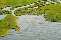 Aerial view of oil containment boom protecting Queen Bess Island, Grande Isle, Louisiana, Gulf of Mexico, USA, August 2010