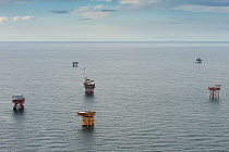 Aerial view of oil rig drilling platforms,  Louisiana, Gulf of Mexico, USA 2010