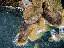 Aerial view of wave cut platform in Ordovician age sedimentary rocks at Trwyn Wylfa, Abersoch, Wales, UK. The waves have exploited a strong bedding plane and eroded the rocks above.