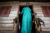 Low angle view of Cameroonian man with Goliath frog (Conraua goliath) bush meat, Cameroon. February 2015.
