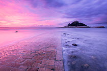RF - St Michael's Mount and old causeway at sunrise, Marazion, Cornwall, UK. October 2015. (This image may be licensed either as rights managed or royalty free.)