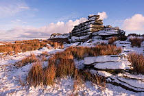 Great Mis Tor covered in snow, Dartmoor National Park, Devon, England, UK, January 2015.