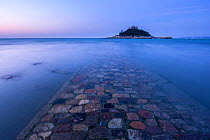 St Michael's Mount and old causeway at twilight, Marazion, Cornwall, England, UK. September 2015.