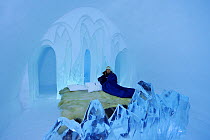 Mid winter colours in -39 degrees C, in the Luxury suite, on a polar bear fur, at the Icehotel, in Jukkasjarvi, Lapland, Laponia, Norrbotten county, Sweden