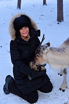 A reindeer sledding tour experience with sami reindeer herdsmen at the Reindeer Lodge in -25 degrees C, run by Nutti Sami Siida, near the Icehotel, in Jukkasjarvi, Lapland, Laponia, Norrbotten county,...