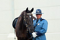 Portrait of a mounted police officer and his warmblood horse, during the National American Police Equestrian Competition (NAPEC), at Kingston Penitentiary, Kingston, Ontario, Canada.