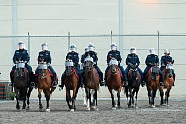 The Toronto Mounted Police force charging, during the National American Police Equestrian Competition (NAPEC), at Kingston Penitentiary, Kingston, Ontario, Canada. September 2016.